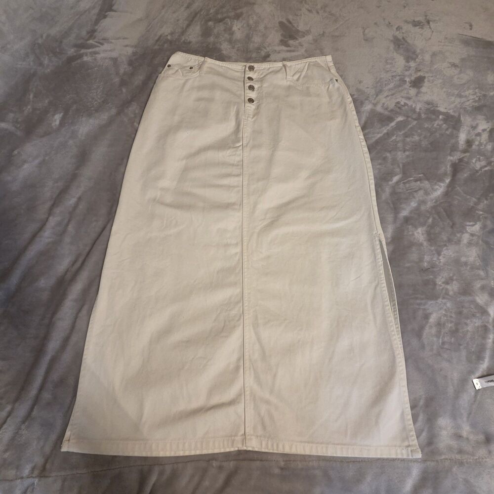 Vintage 90s Button Fly White Denim Long Skirt Women's Size 16